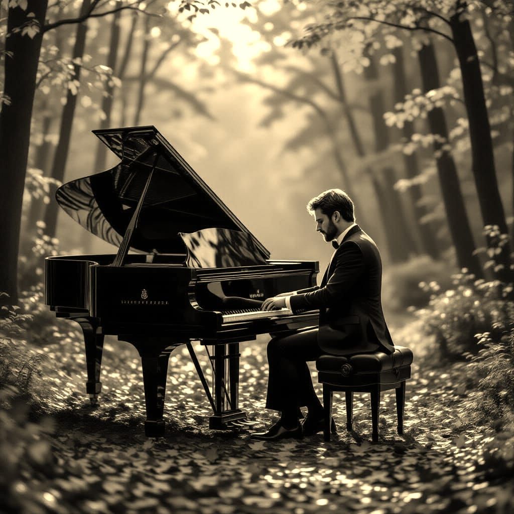Man Plays Piano in Enchanted Autumn Forest at Dusk