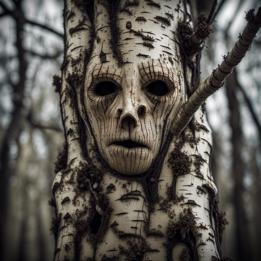 anthropomorphic birch tree. Creepy, horror, intricate details, HDR