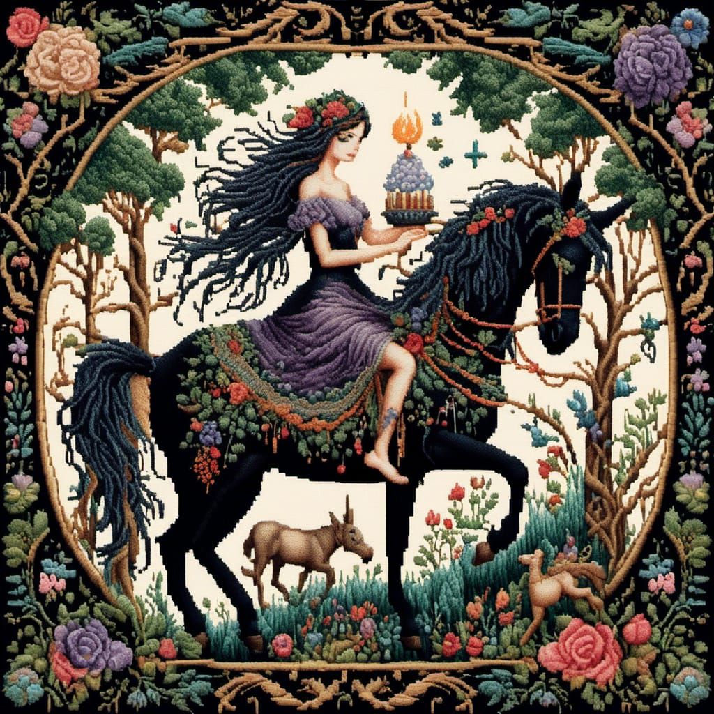<lora:Cross Stitch:1.0> whimsical antique witch and black unicorn in a magical forest Hyper realistic hyper detailed intricate Beautiful stu...