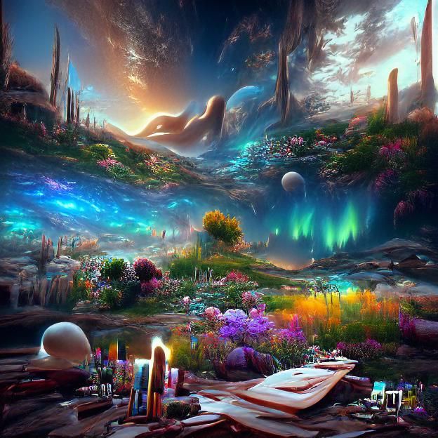 iridescent futuristic scifi alien fantasy zen garden with brightly colored flora under a cosmic sky with ...  by @theGOATgamer