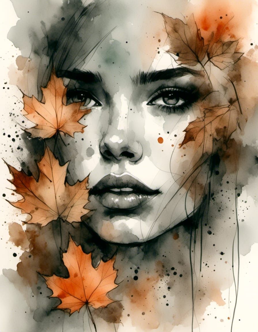 Autumn Woman Portrait in Charcoal and Ink Style