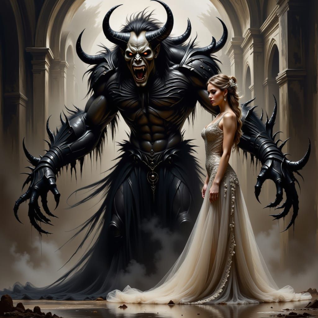 <lora:Chaotic order:1.0>, an elegant lady in a dress, with an extremely ugly
and scary and demonic zombie beast, award winning fantasy art