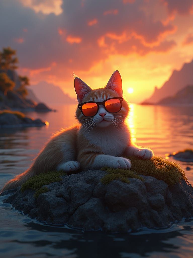 Cat in sunglasses, deep crystal lake, dark environment, sunset, unreal engine render 