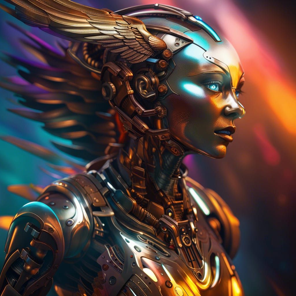 phoenix bronze metallic robot flying winged female humanoid body delorean time travel