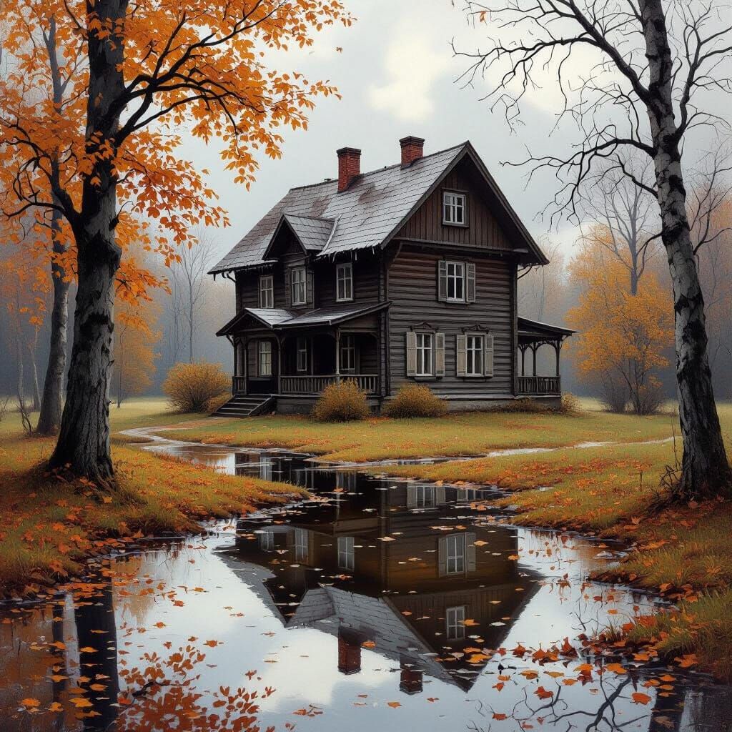 Old Wooden House in Autumn Landscape