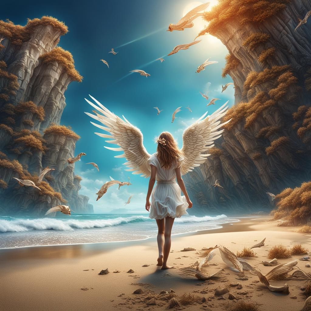 angel explores a sandy beach