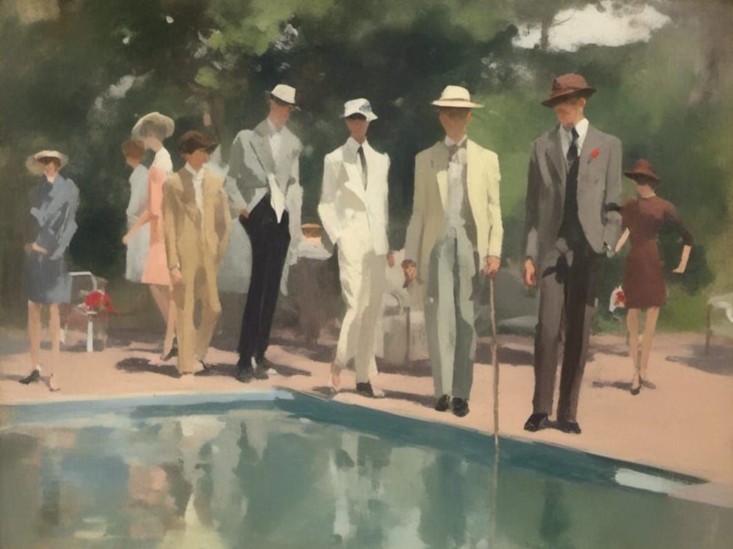 by <lora:Australian Tonalism:1.0>
A swimming pool male fashion 1920 show. Beautiful muted colors. by clarice beckett and john galliano