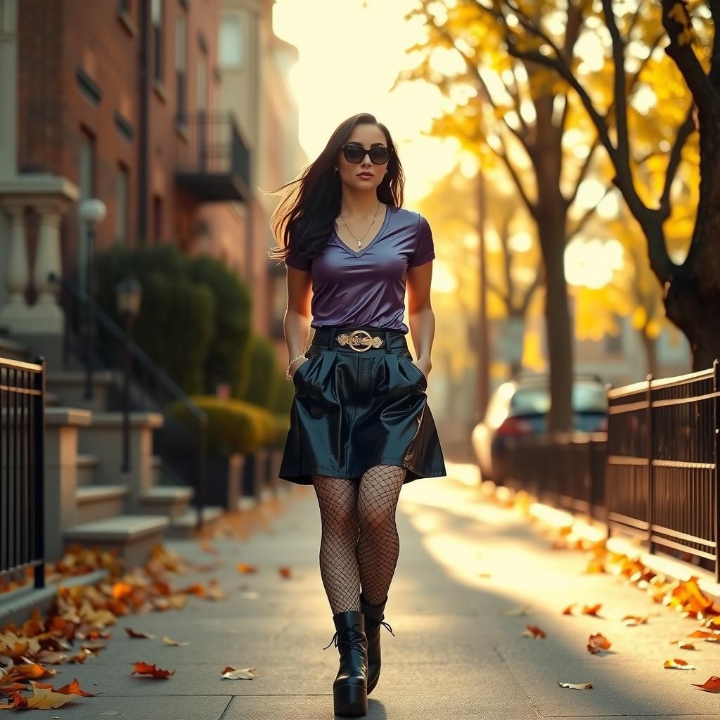 Young American Woman in Leather Skirt & Boots walking down city street in Autumn