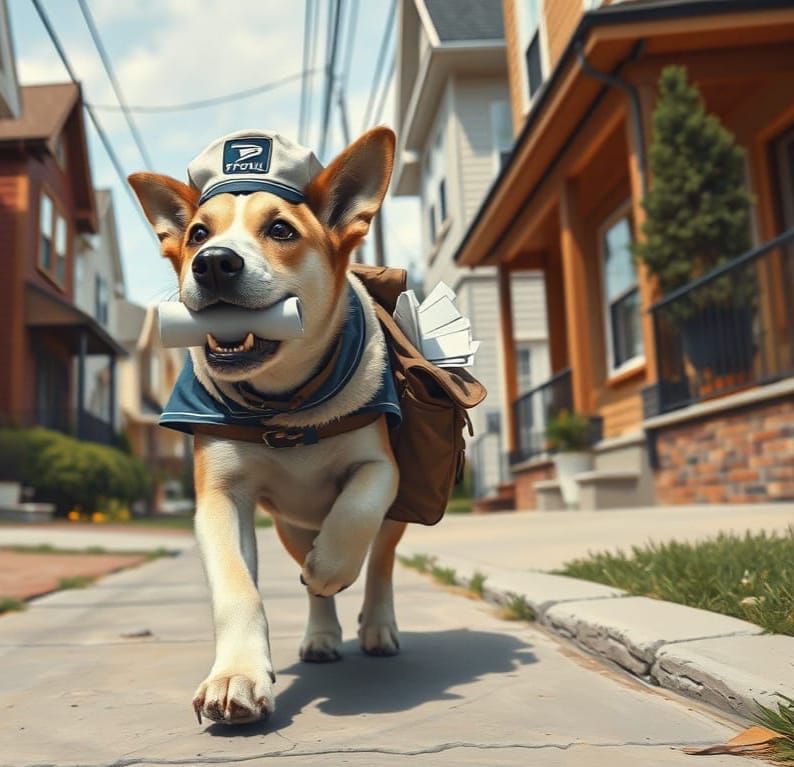 Low angle of Quadrupedal Dog walking while biting envelope in mouth, wearing blue white postal delivery ...  by @David Myers