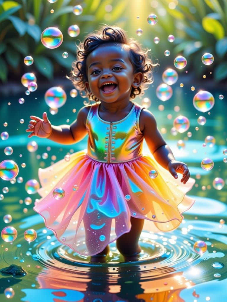 million bubbles, a smilling black baby open mouth, with a bubbles-dress dance on the water <lora:Zeste-Citron Bubble1:1.0>