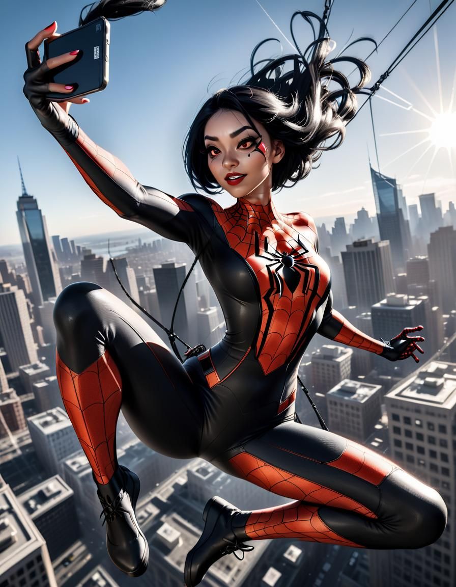 Spider girl captured in the act of swinging mid-air, black and white body  suit, holding a cell phone, launches a web while snapping a self... - AI  Generated Artwork - NightCafe Creator