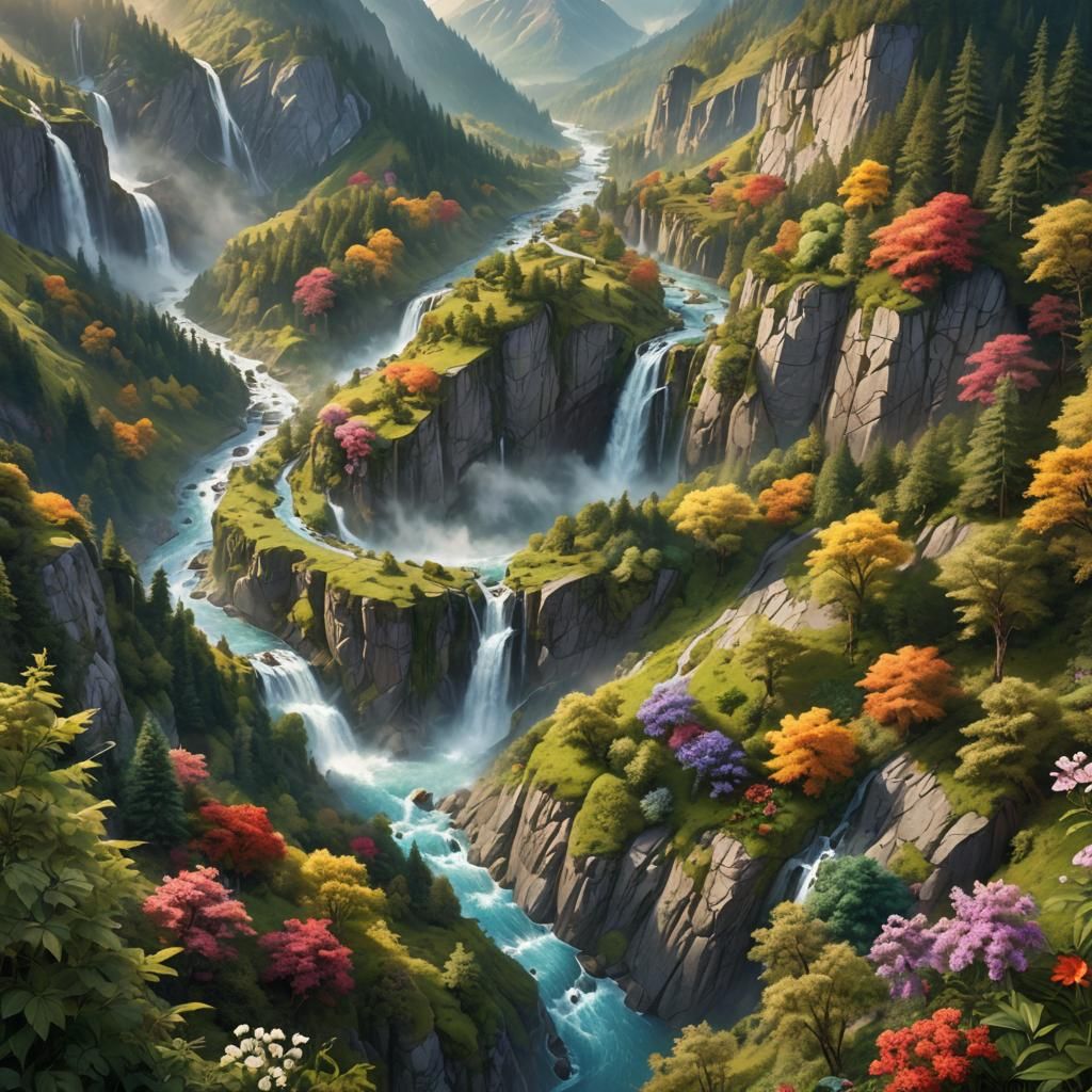 Vibrant Landscape Painting with Mountains and Waterfalls