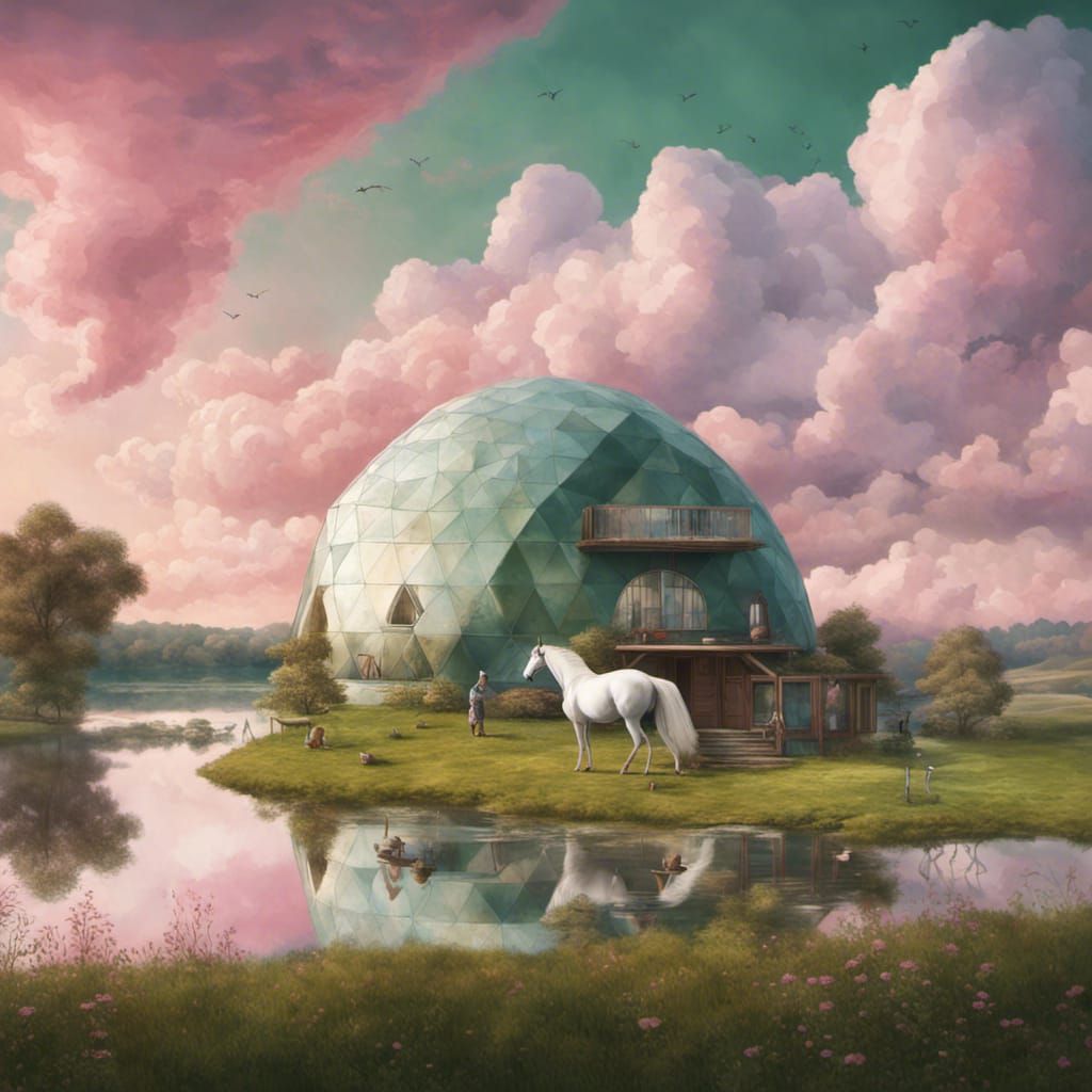 a geodesic dome house close to a lake, green pasture in the ...