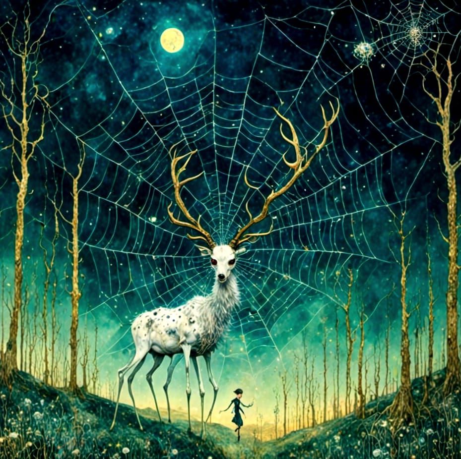 <lora:Last Fairytale:1.0><lora:Spider Nation:1.0>giant spider, terrified ((deer)) (bucks, does, and fawns) running from the <lora:LandscapeA...