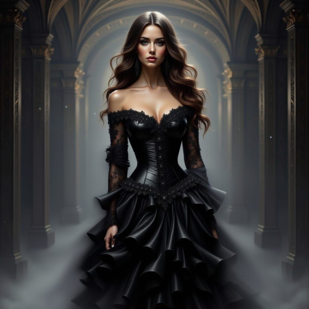 Elegant Woman in Black Leather Fashion Dress