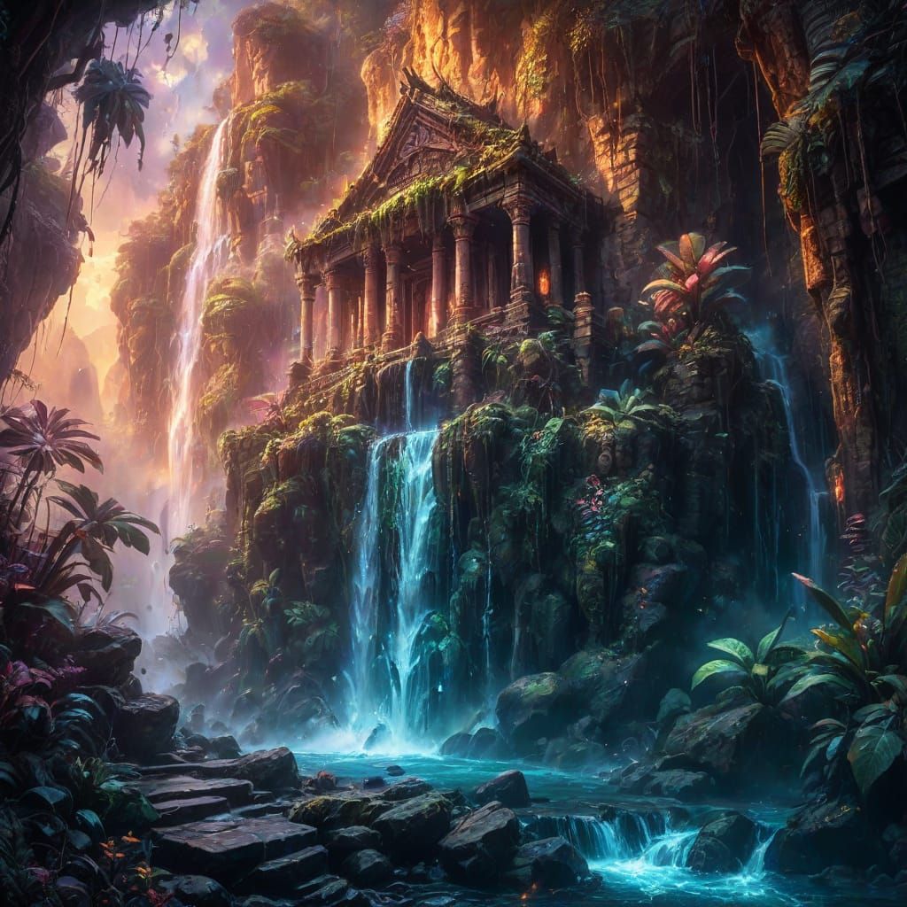 Ancient Temple Waterfall 🏞️