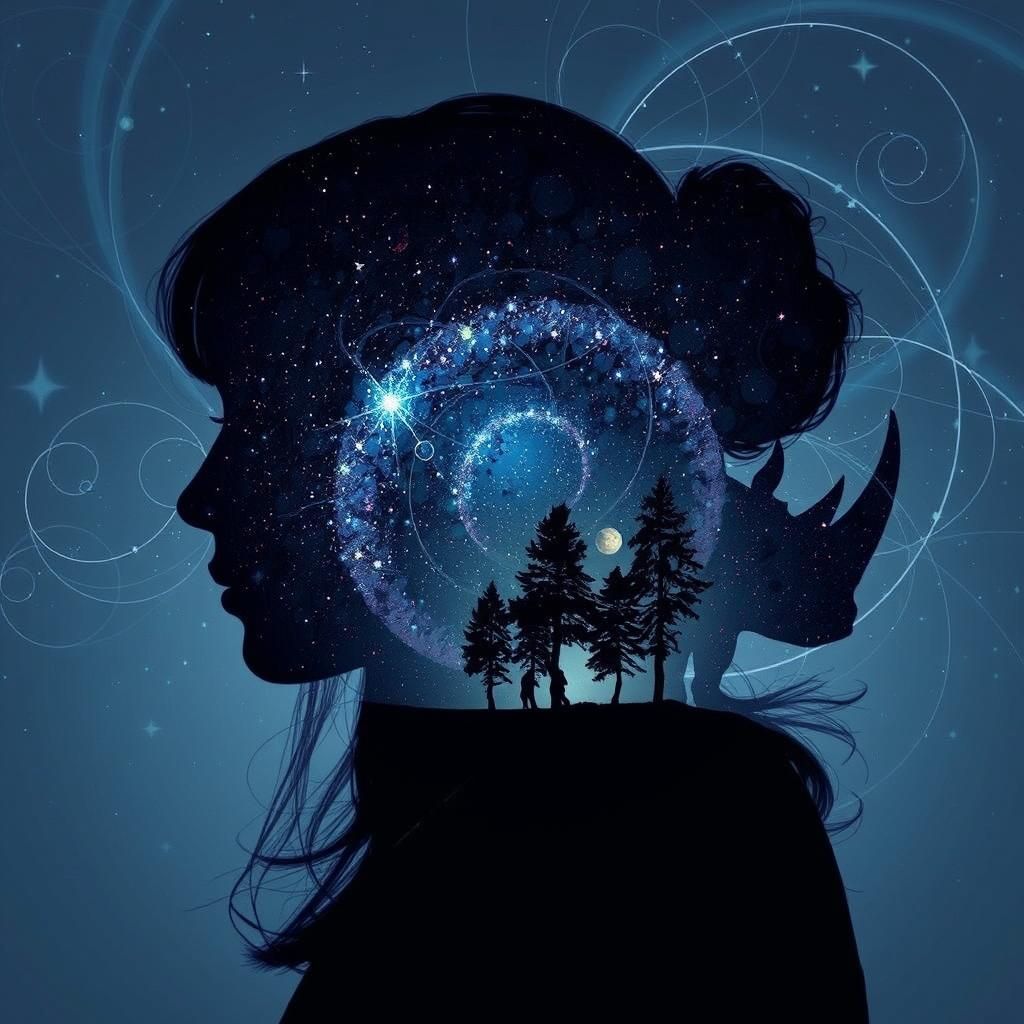 Double Exposure Silhouette: Woman in Fantasy Night Sky