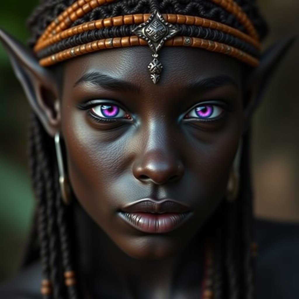 Striking Dark Elf with Beaded Hair and Violet Eyes