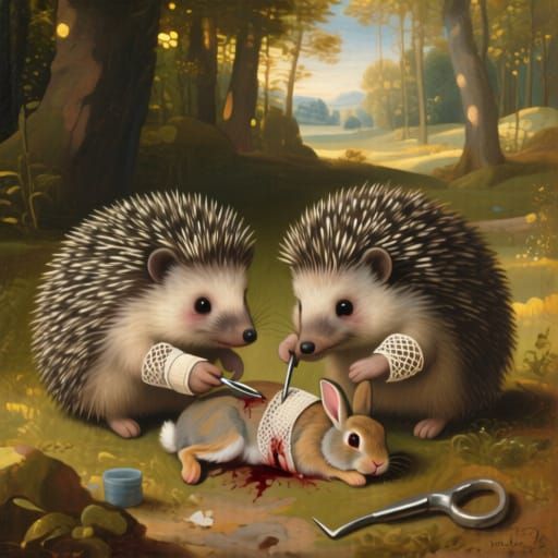 Hedgehogs helps the wounded rabbit 
Acts of Kindness by Hans Holbein and Juan Miro