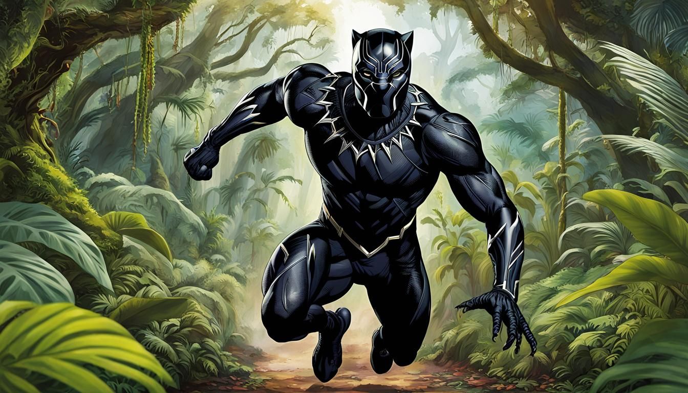 Marvel Black Panther in a dynamic running pose within a lush...