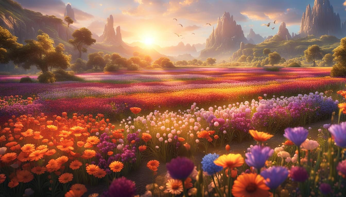 Diverse flower fields with warm sunlight shining down