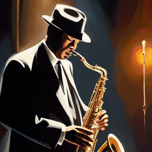 Film noir oil painting of saxophonist on dim stage in smoky jazz club ...