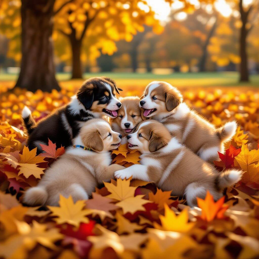 A few mixed puppies playing together joyfully wrestling in a massive pile of vibrant autumn leaves. The ...  by @Krispy