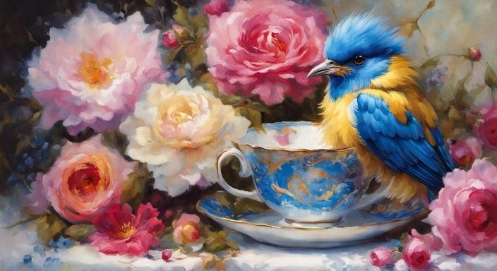 Beautiful bird with Roses and Teacup.
