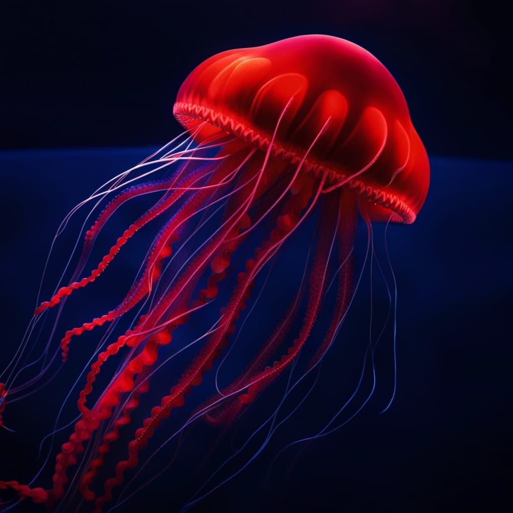 Scarlet jellyfish swimming in the deep blue sea