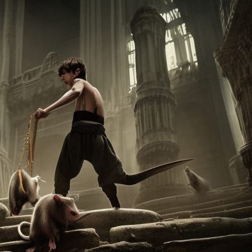 Half elf boy, ragged clothing, dark short hair, staff, rats