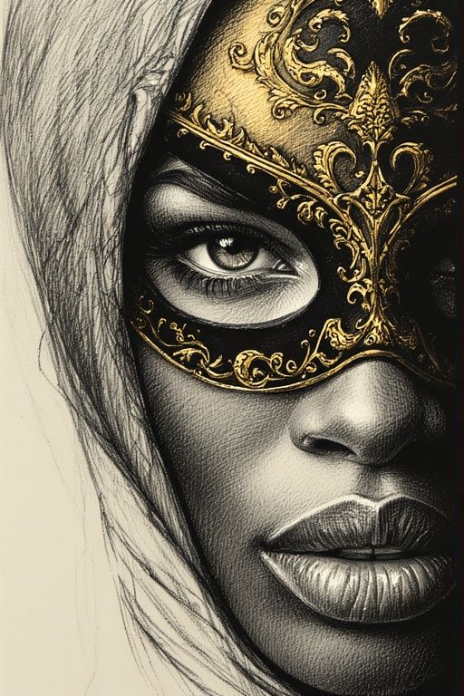 BLACK FEMALE GUNSLINGER IN A VENETIAN MASK DRESSED IN A BLAC...