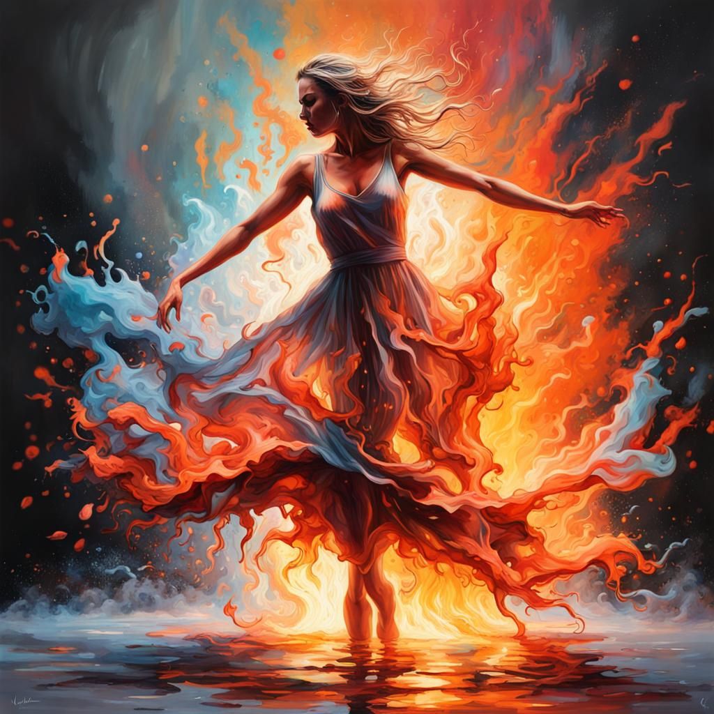 woman dancing passionately in a dress on fire while water is...