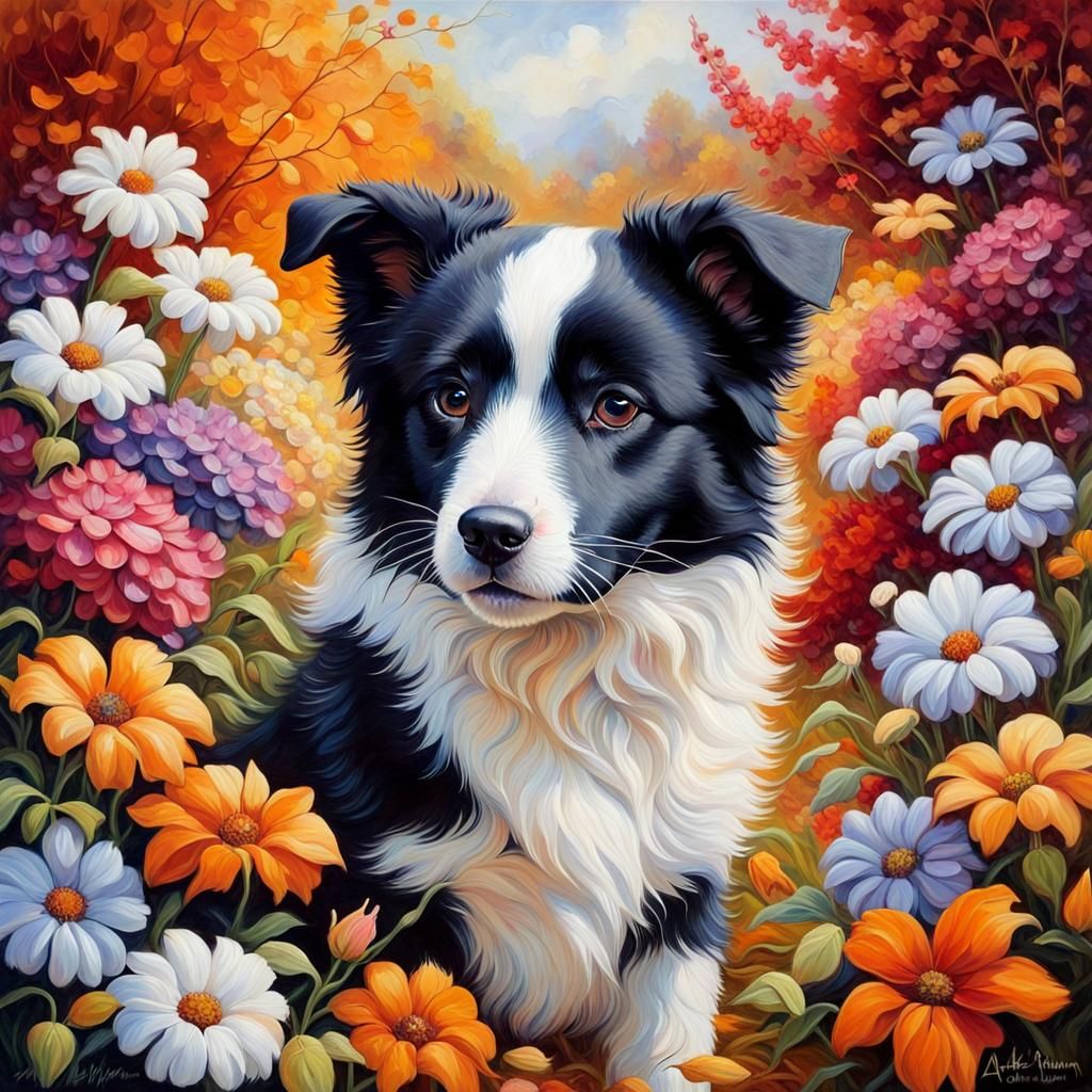 Border Collie Surrounded By Autumn Flowers - Ai Generated Artwork 