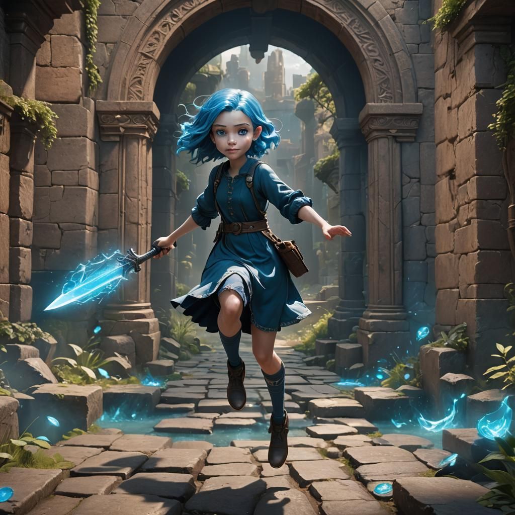 Amy, the little wanderer, is a young girl with blue eyes, blue hair, and a sly smile. She is wearing a blue dress and jumping through a blue...