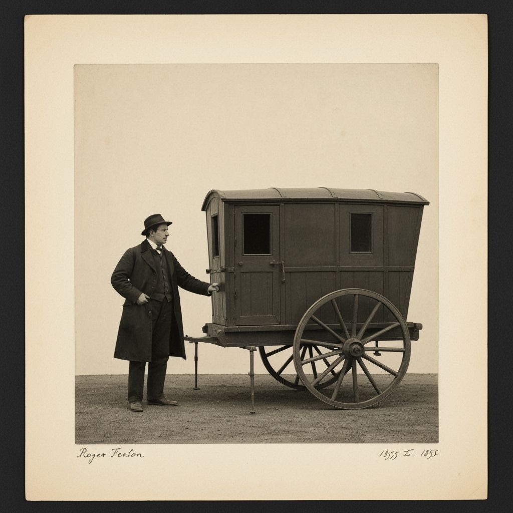 A salted paper print taken by Roger Fenton of his assistant and photographic wagon, 1855
