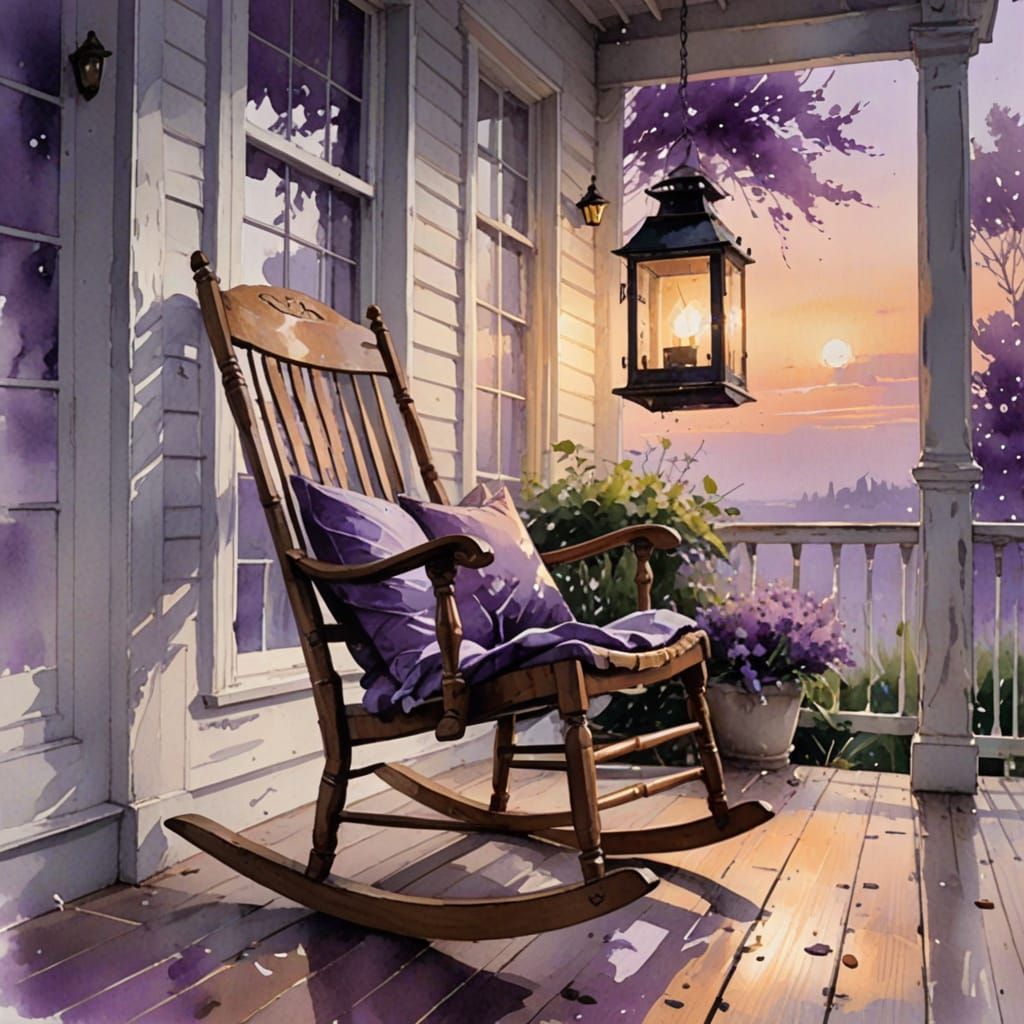 wooden rocking chair on a front porch at dusk: In the muted glow of sunset, a weathered wooden rocking ...  by @Kosh