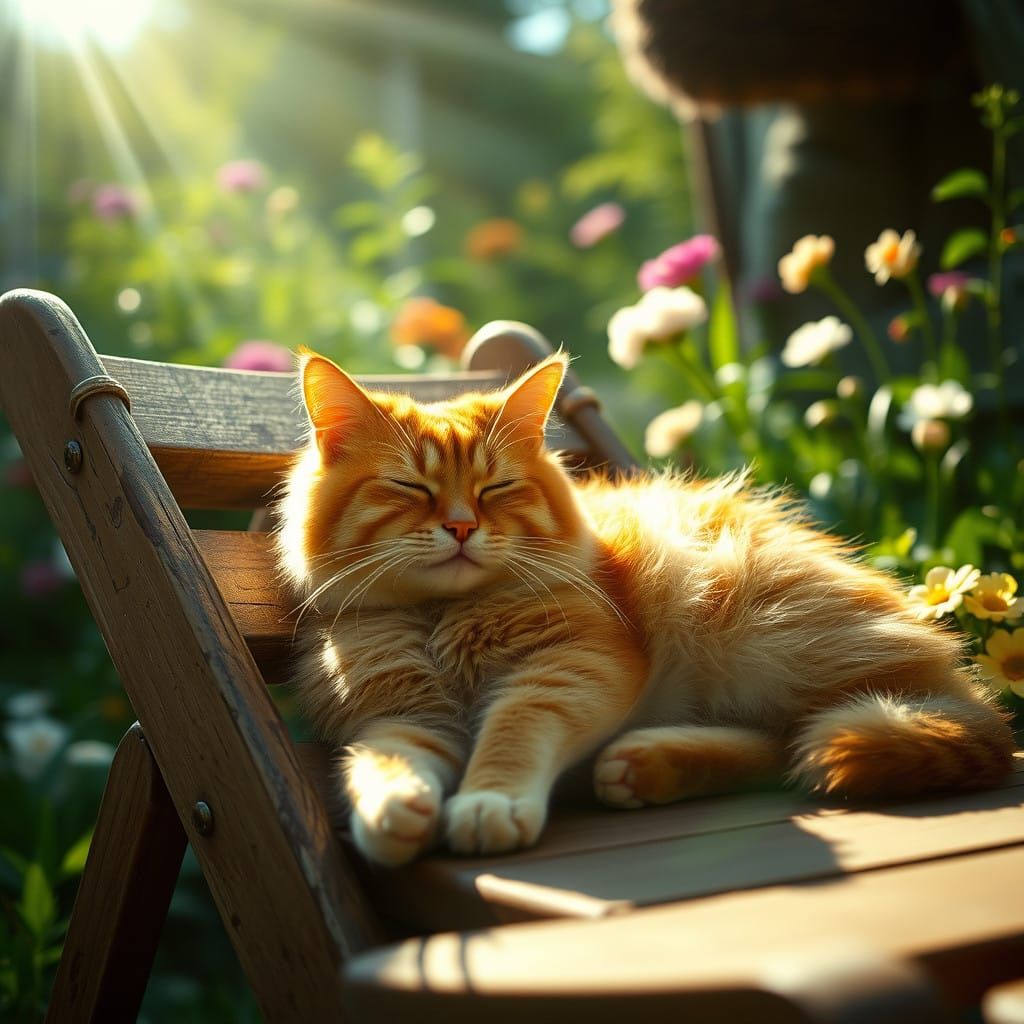 A bright sun shining on an adorable ginger cat . The cat is sleeping on a deck chair in a garden.  by @SHADOWCAT