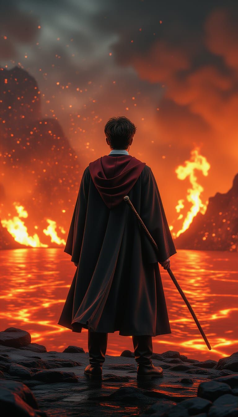 Harry Potter at Lava Lake in Hyperrealistic Style
