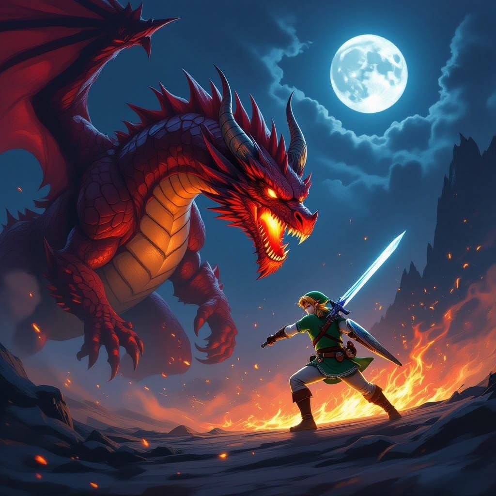 Link is fighting a fierce red dragon!
