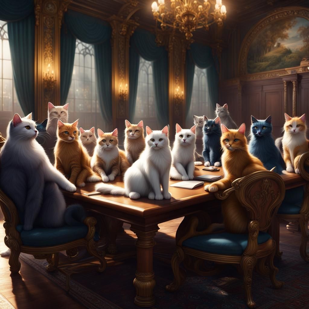 Focus on a grand cat council meeting, where representatives ...