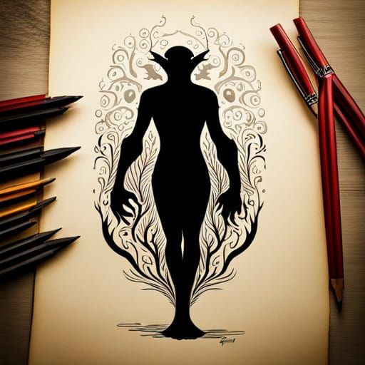 Full body sketch of a living shadow, pure black, silhouette,...