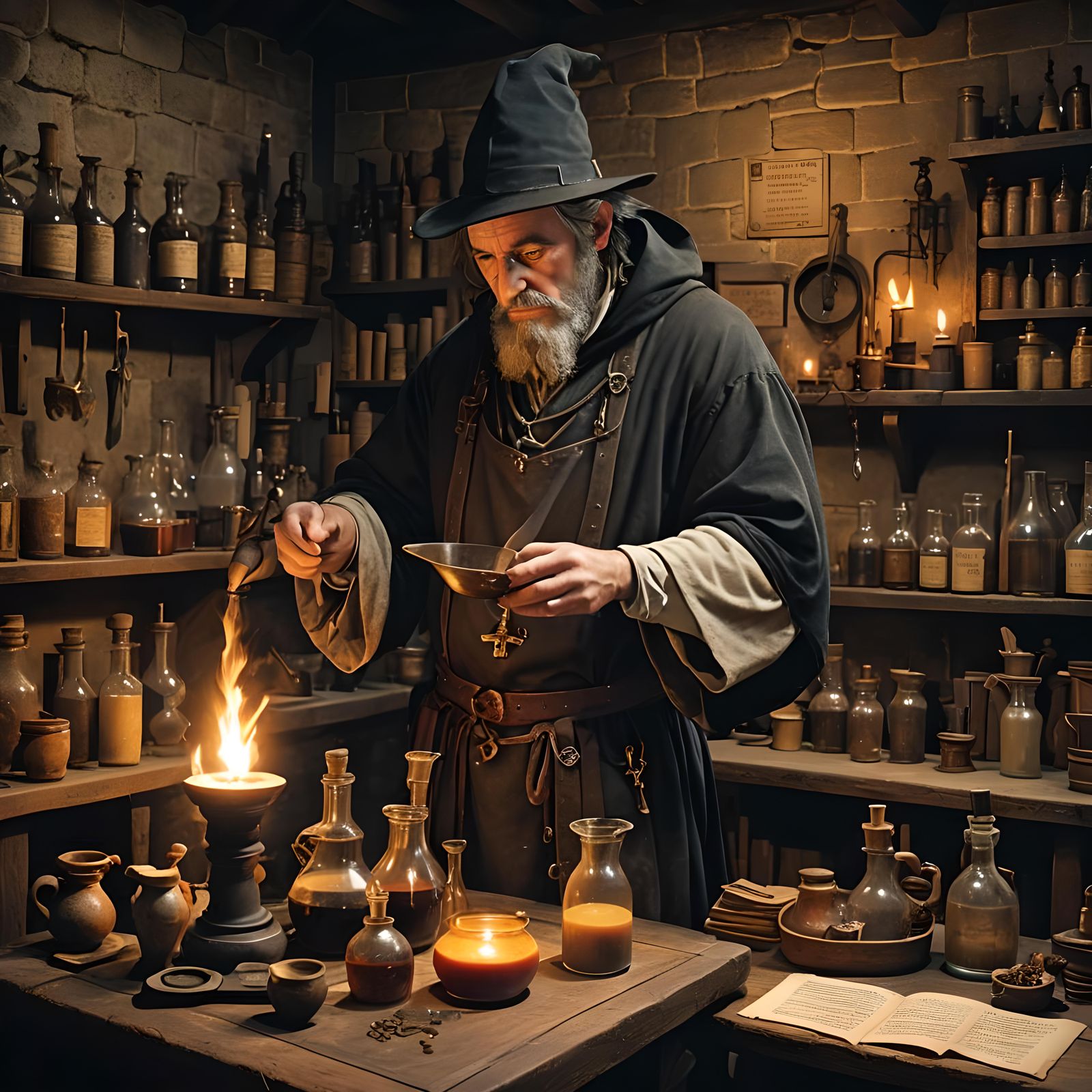 A medieval alchemist stands at a wooden workbench, carefully mixing potions. He wears a long, tattered ...  by @Artificial Intelligence Artist