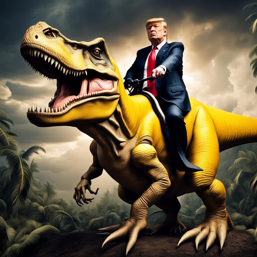 Donald trump riding a t rex with a big banana - AI Generated Artwork ...