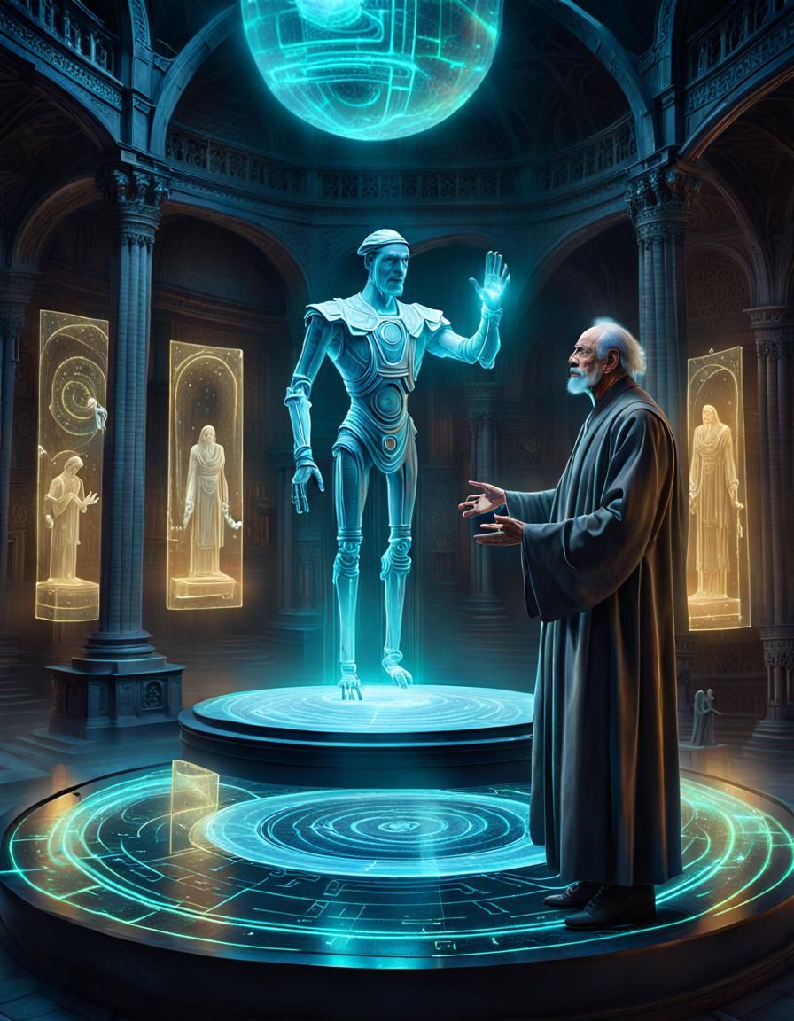 An old man Interacting with 3D Humanoid Hologram   by @Heralyn