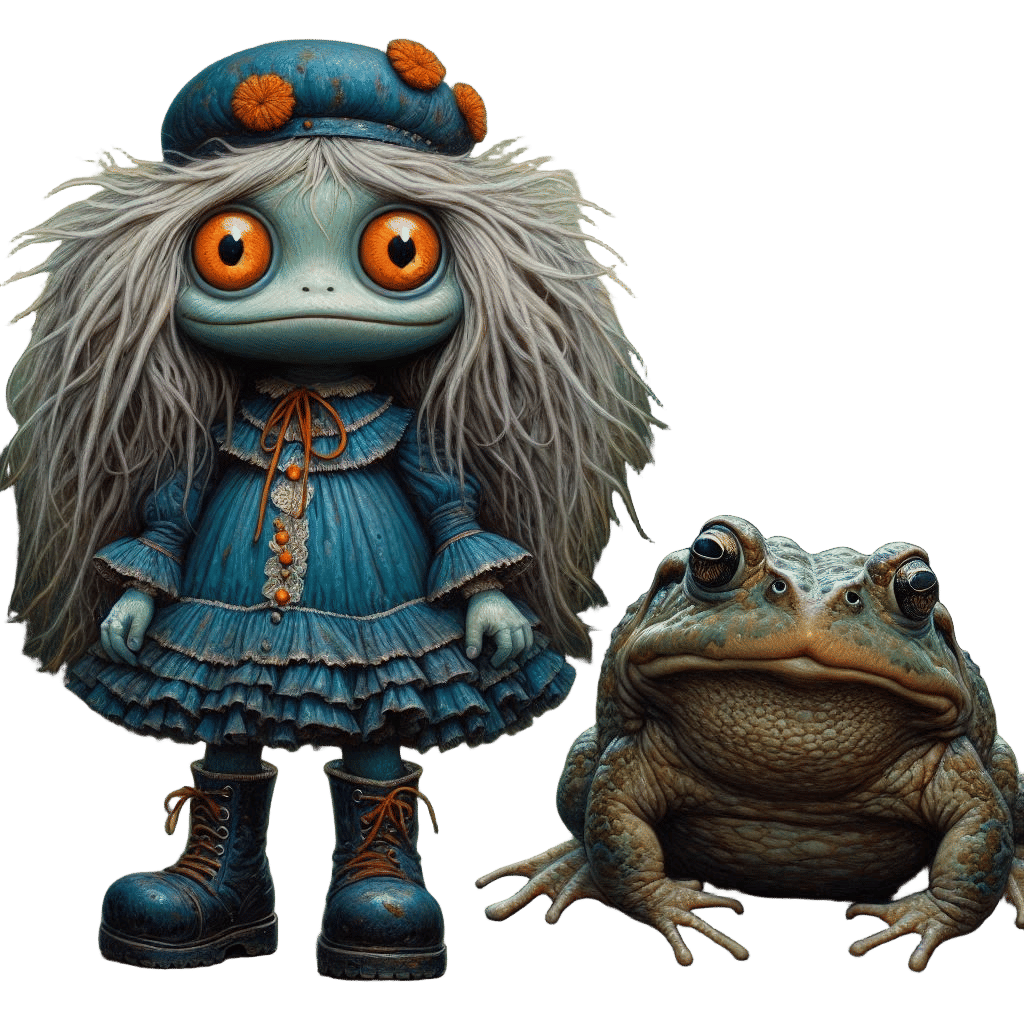 surrealism fantasy /lowbrow art / doll with face of a frog