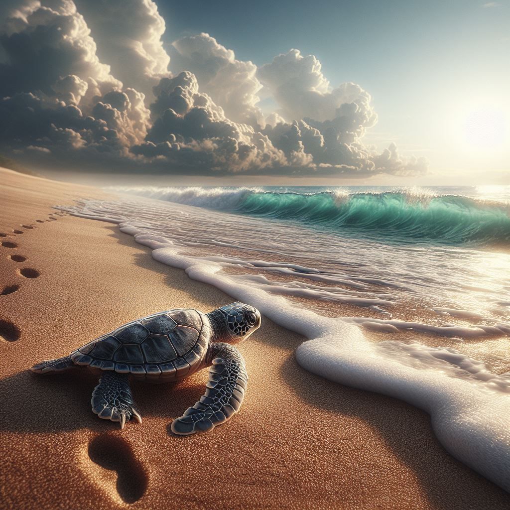 a lone baby sea turtle crawling on the sandy beach