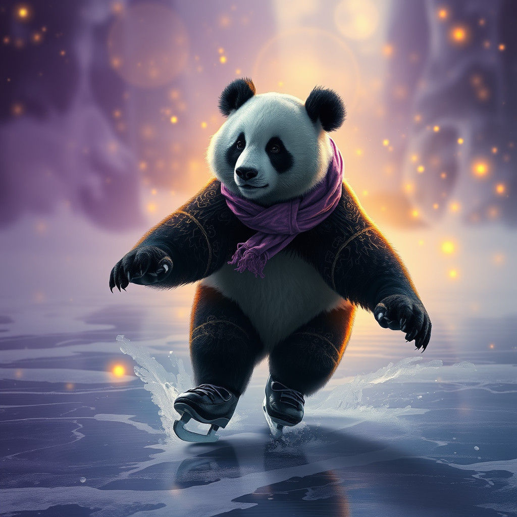 Panda Ice Skating in Dark Fantasy Art Nouveau Style