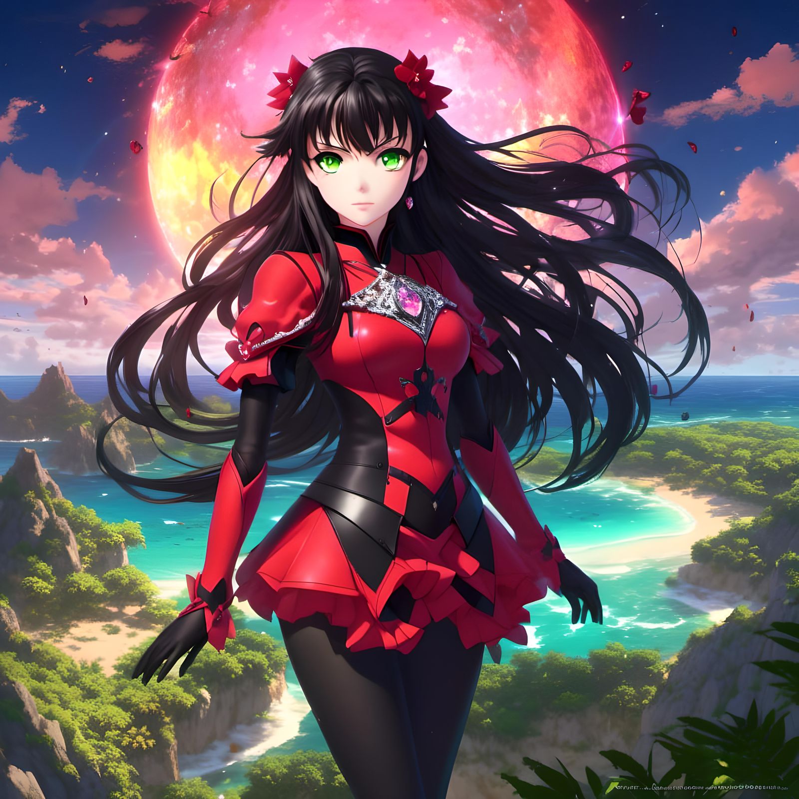 anime Rin Tohsaka, very beuatiful ,extremely green eyes, lon...