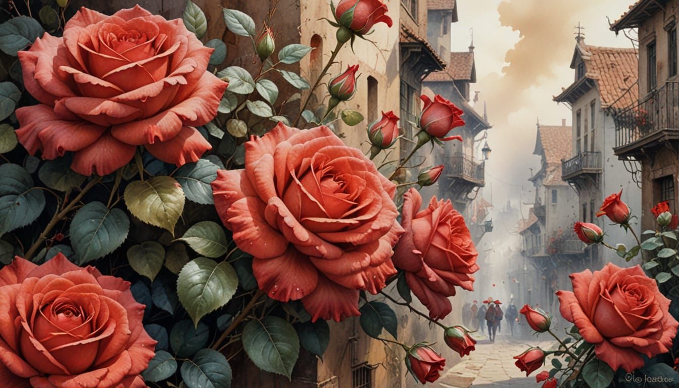 de uma rua, uma cidade, de rosas vermelhas, close-up. de aquarela úmida, textura sutil por Lee Bogle  by @The Quantum AI Journey