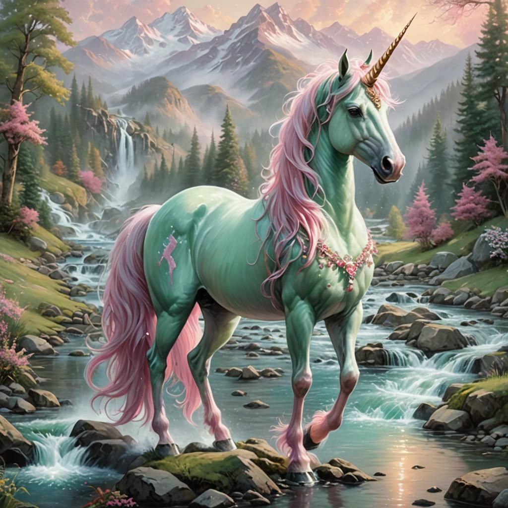 Mint Green Unicorn Among a Mountain Stream  by @Kitsune Mae